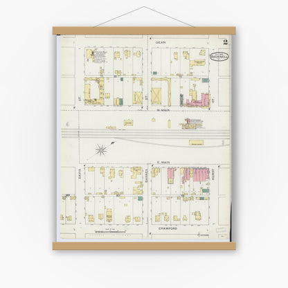 Old map wall art mockup — magnetic wood frame on white wall — Sanborn Fire Insurance Map from Bushnell, Mcdonough County, Illinois (1893), Sheet #0002