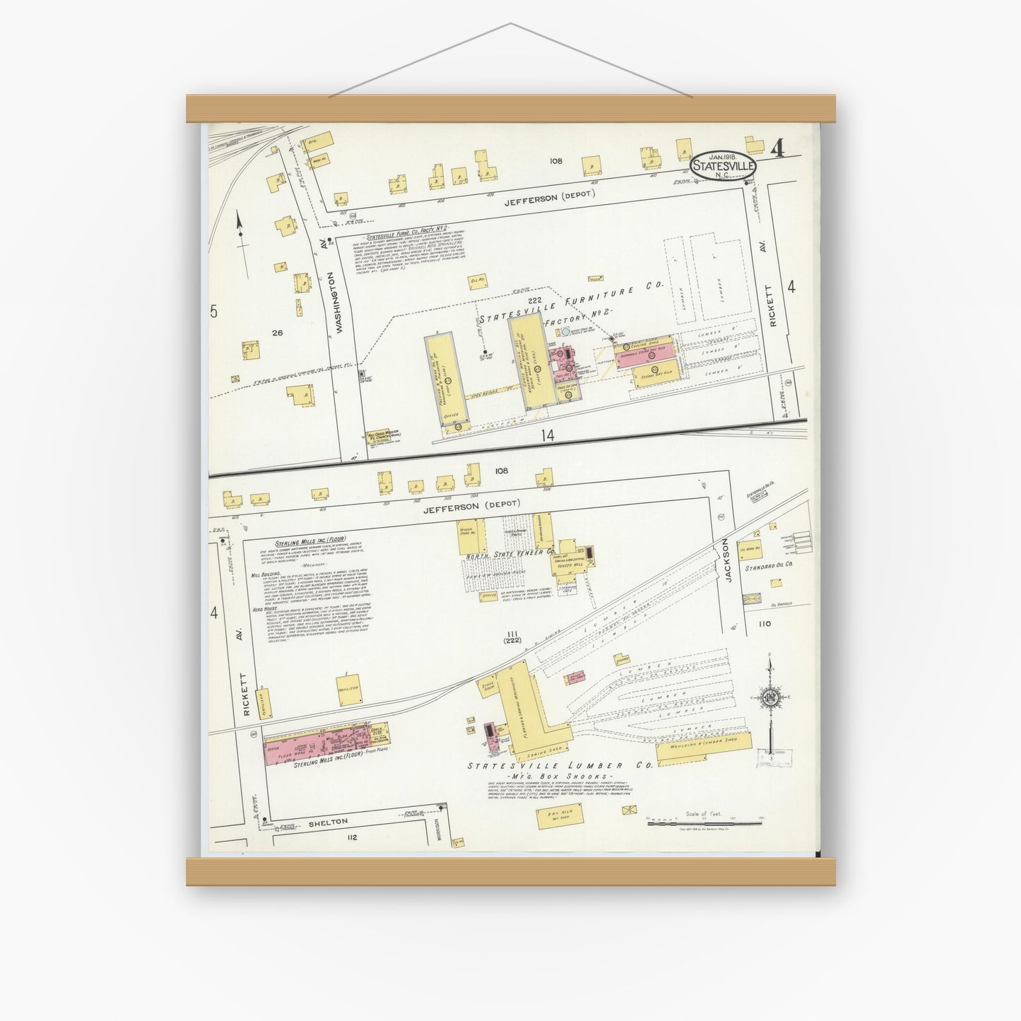 Old map wall art mockup — magnetic wood frame on white wall — Sanborn Fire Insurance Map from Statesville, Iredell County, North Carolina (1918), Sheet #0004