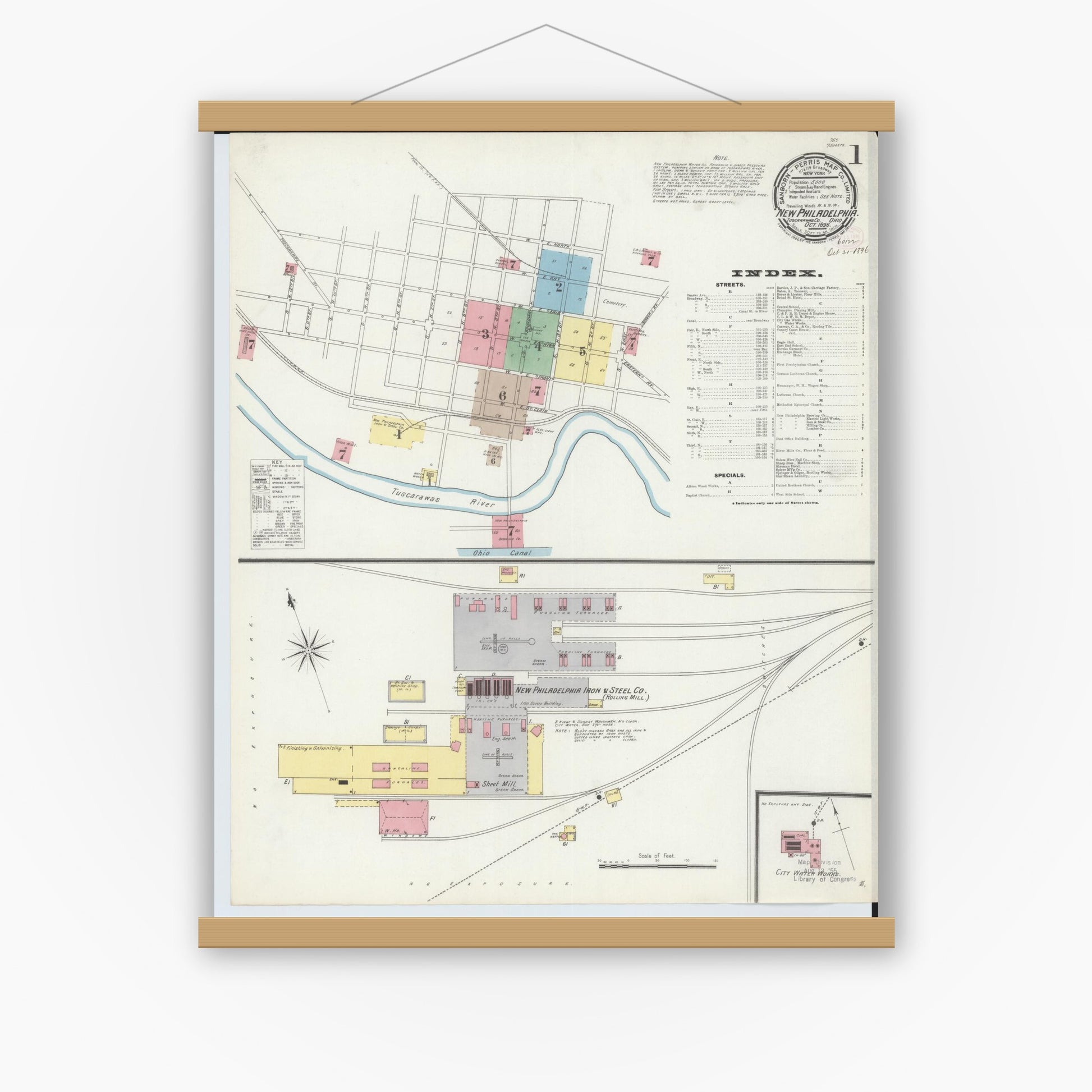 Old map wall art mockup — magnetic wood frame on white wall — Sanborn Fire Insurance Map from New Philadelphia, Tuscarawas County, Ohio (1896), Sheet #0001