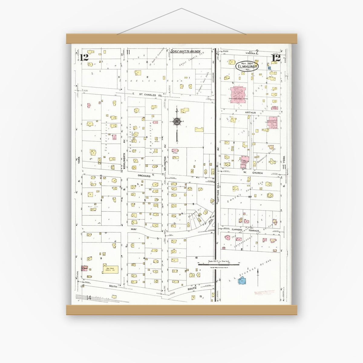 Old map wall art mockup — magnetic wood frame on white wall — Sanborn Fire Insurance Map from Elmhurst, Du Page County, Illinois (1924), Sheet #0012