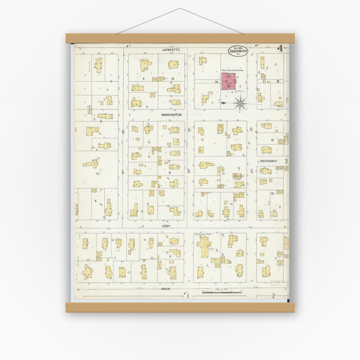 Old map wall art mockup — magnetic wood frame on white wall — Sanborn Fire Insurance Map from Sandwich, De Kalb County, Illinois (1902), Sheet #0004