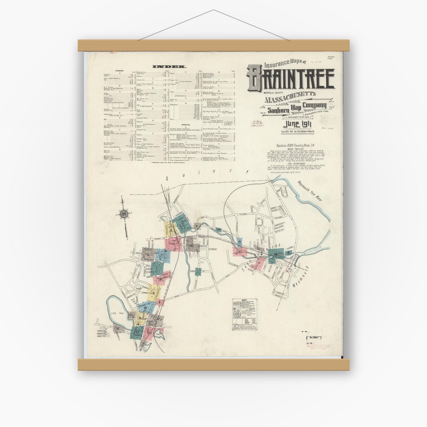 Old map wall art mockup — magnetic wood frame on white wall — Sanborn Fire Insurance Map from Braintree, Norfolk County, Massachusetts (1911) - Complete Map Set