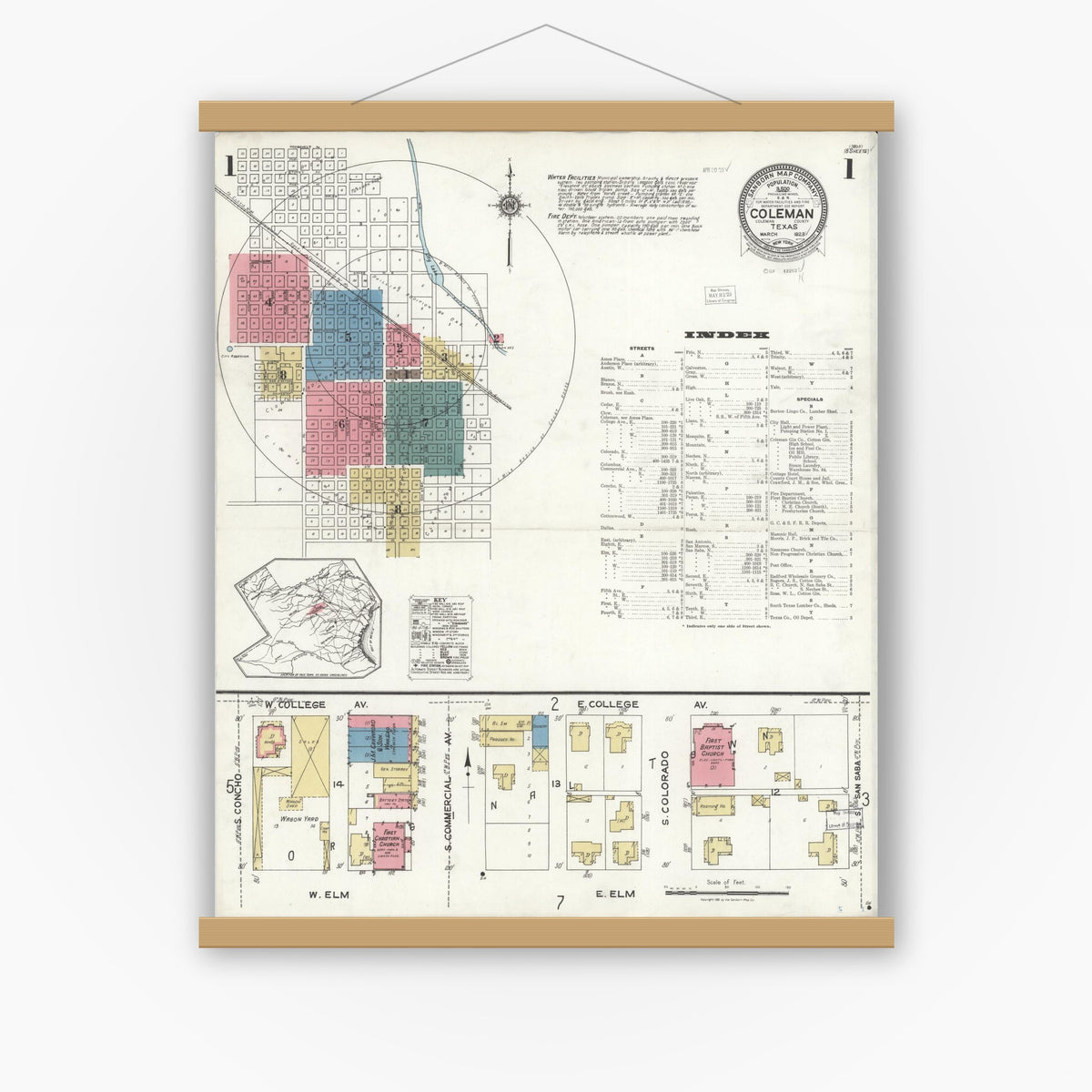 Old map wall art mockup — magnetic wood frame on white wall — Sanborn Fire Insurance Map from Coleman, Coleman County, Texas (1923) - Complete Map Set