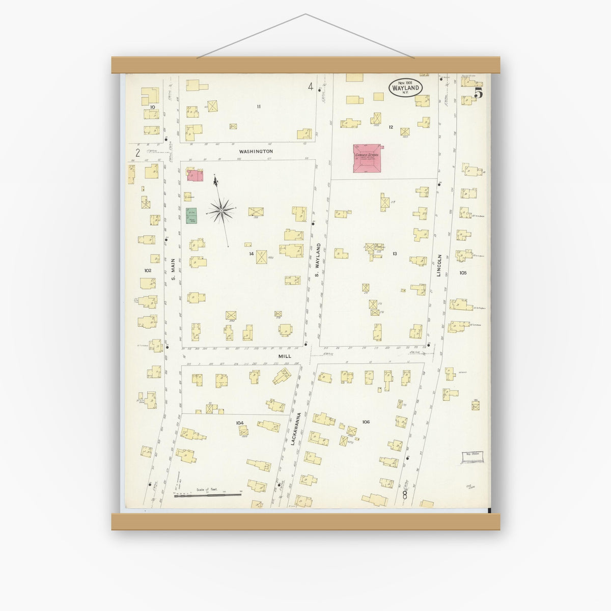Old map wall art mockup — magnetic wood frame on white wall — Sanborn Fire Insurance Map from Wayland, Steuben County, New York (1908), Sheet #0005