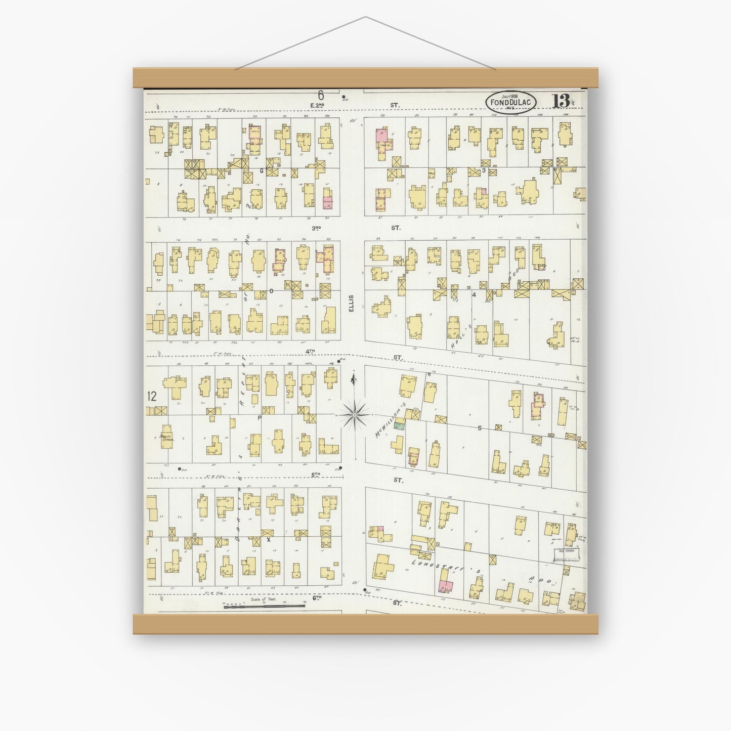 Old map wall art mockup — magnetic wood frame on white wall — Sanborn Fire Insurance Map from Fond du Lac, Fond du Lac County, Wisconsin (1898), Sheet #0013