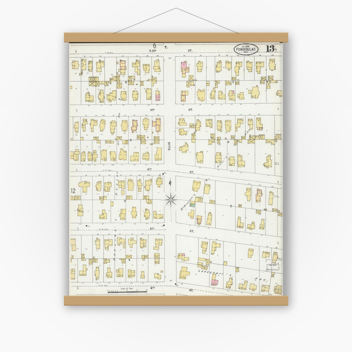Old map wall art mockup — magnetic wood frame on white wall — Sanborn Fire Insurance Map from Fond du Lac, Fond du Lac County, Wisconsin (1898), Sheet #0013