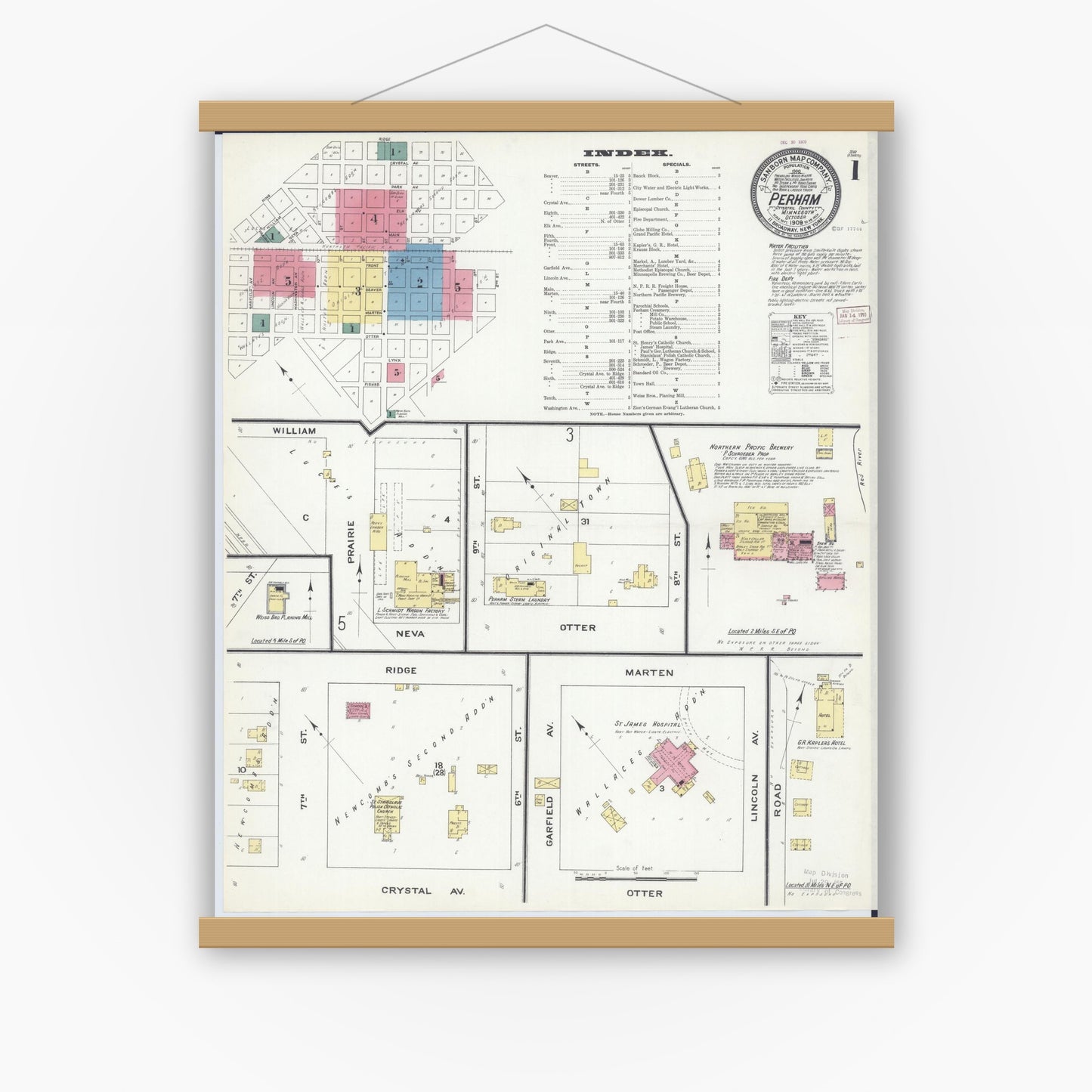 Old map wall art mockup — magnetic wood frame on white wall — Sanborn Fire Insurance Map from Perham, Otter Tail County, Minnesota (1909) - Complete Map Set
