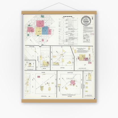 Old map wall art mockup — magnetic wood frame on white wall — Sanborn Fire Insurance Map from Perham, Otter Tail County, Minnesota (1909) - Complete Map Set