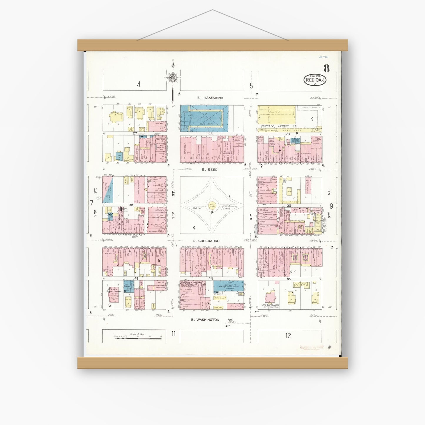 Old map wall art mockup — magnetic wood frame on white wall — Sanborn Fire Insurance Map from Red Oak, Montgomery County, Iowa (1914), Sheet #0008