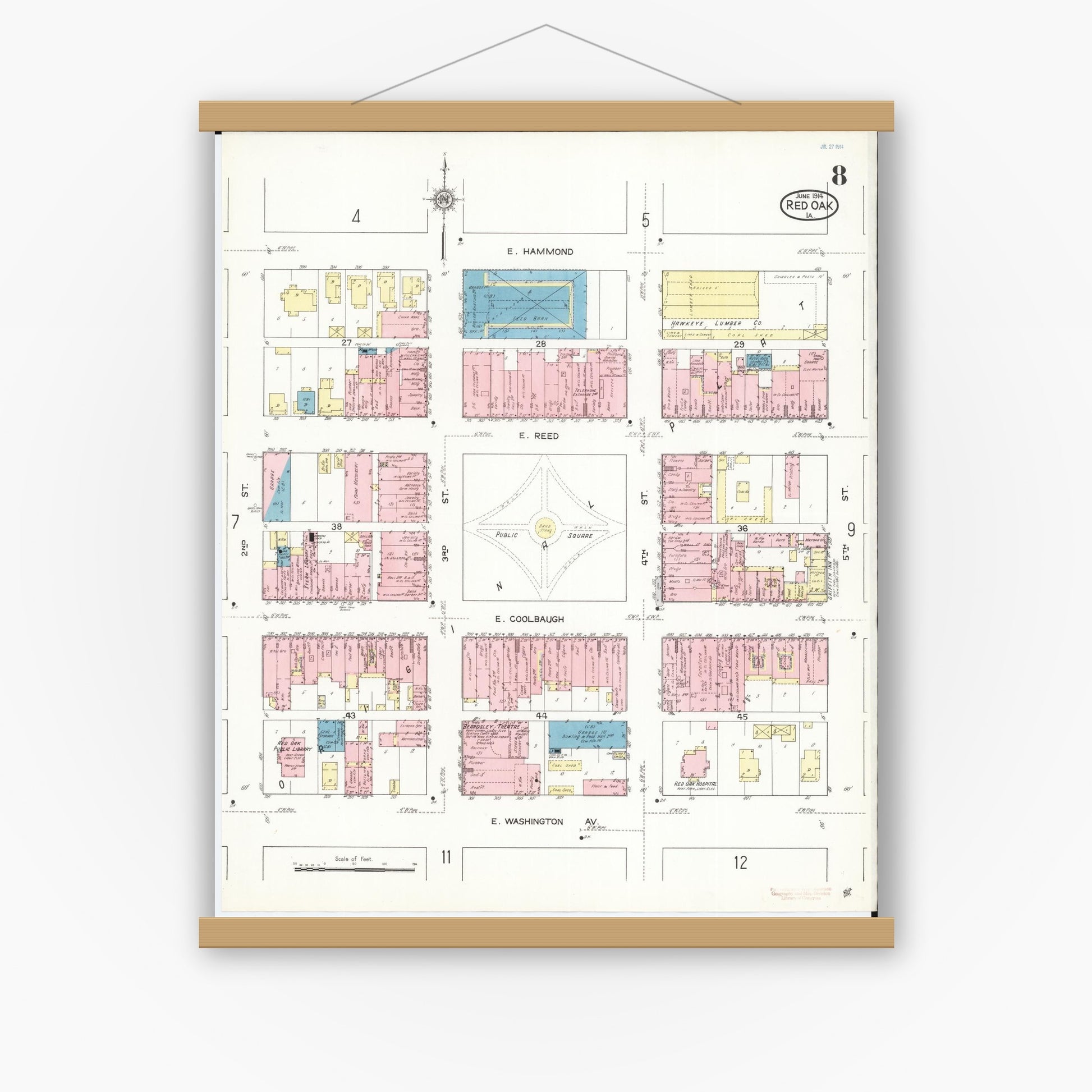 Old map wall art mockup — magnetic wood frame on white wall — Sanborn Fire Insurance Map from Red Oak, Montgomery County, Iowa (1914), Sheet #0008