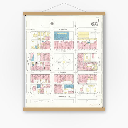 Old map wall art mockup — magnetic wood frame on white wall — Sanborn Fire Insurance Map from Red Oak, Montgomery County, Iowa (1914), Sheet #0008