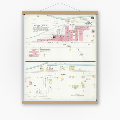 Old map wall art mockup — magnetic wood frame on white wall — Sanborn Fire Insurance Map from Monroe, Monroe County, Michigan (1908), Sheet #0015