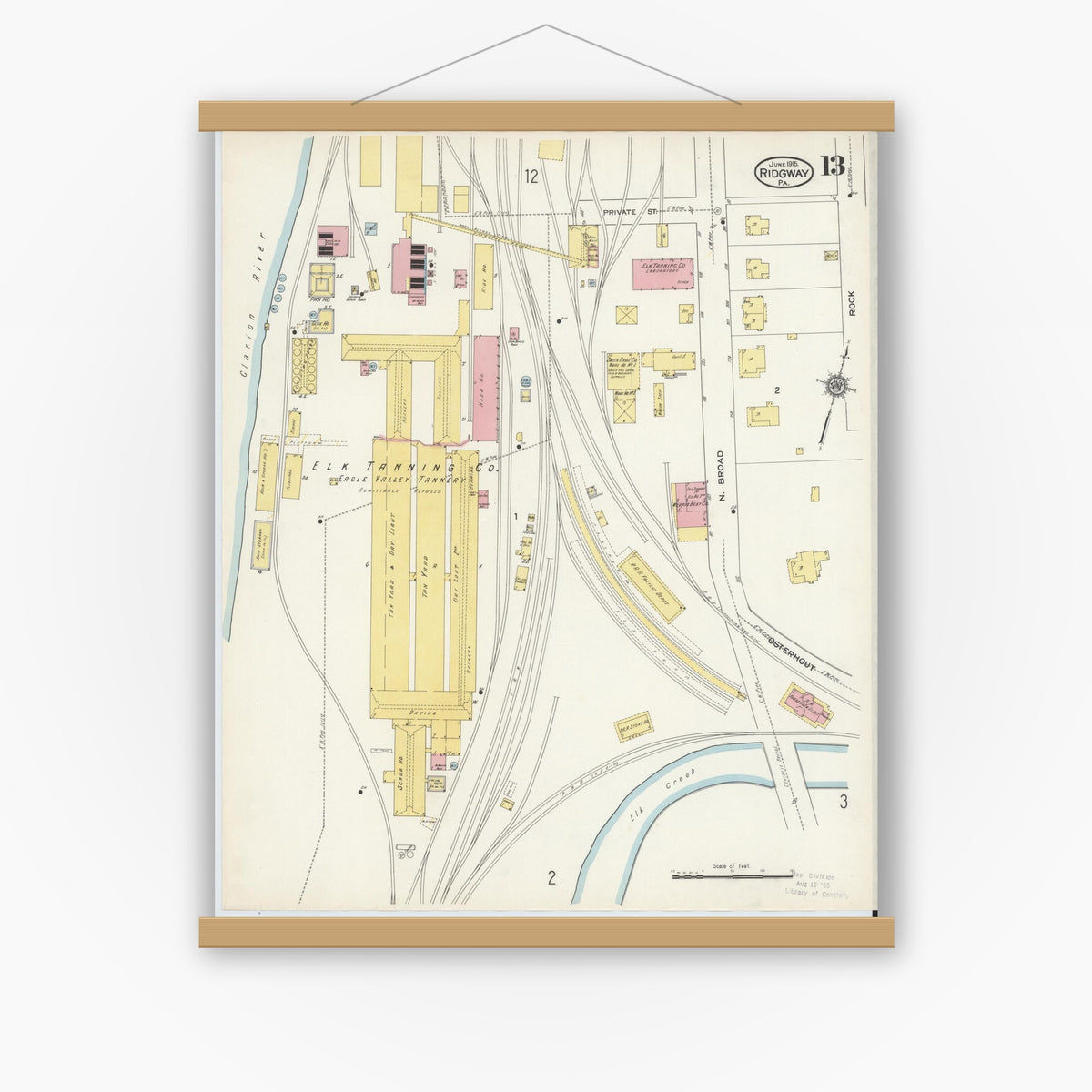 Old map wall art mockup — magnetic wood frame on white wall — Sanborn Fire Insurance Map from Ridgway, Elk County, Pennsylvania (1915), Sheet #0013