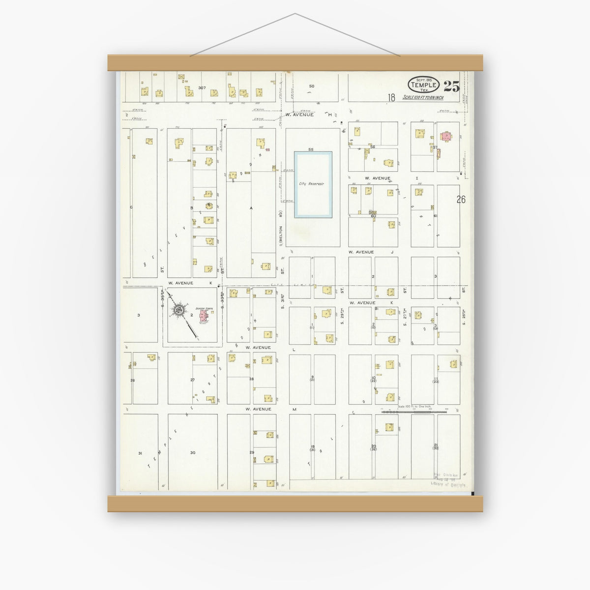 Old map wall art mockup — magnetic wood frame on white wall — Sanborn Fire Insurance Map from Temple, Bell County, Texas (1915), Sheet #0025
