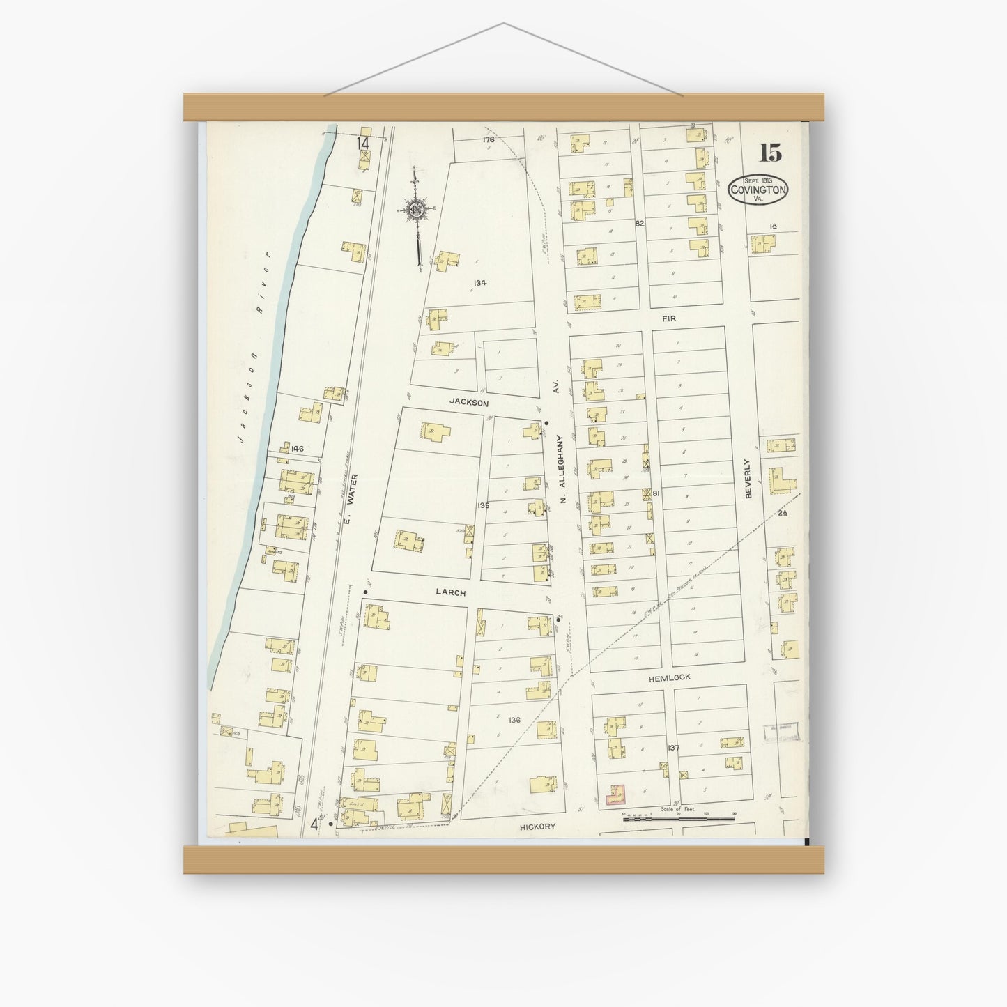 Old map wall art mockup — magnetic wood frame on white wall — Sanborn Fire Insurance Map from Covington, Independent Cities, Virginia (1913), Sheet #0015