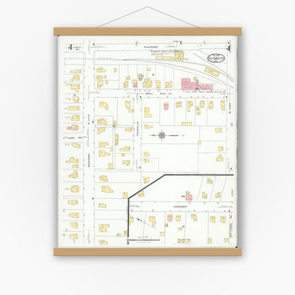 Old map wall art mockup — magnetic wood frame on white wall — Sanborn Fire Insurance Map from Plymouth, Huron And Richland Counties, Ohio (1924), Sheet #0004