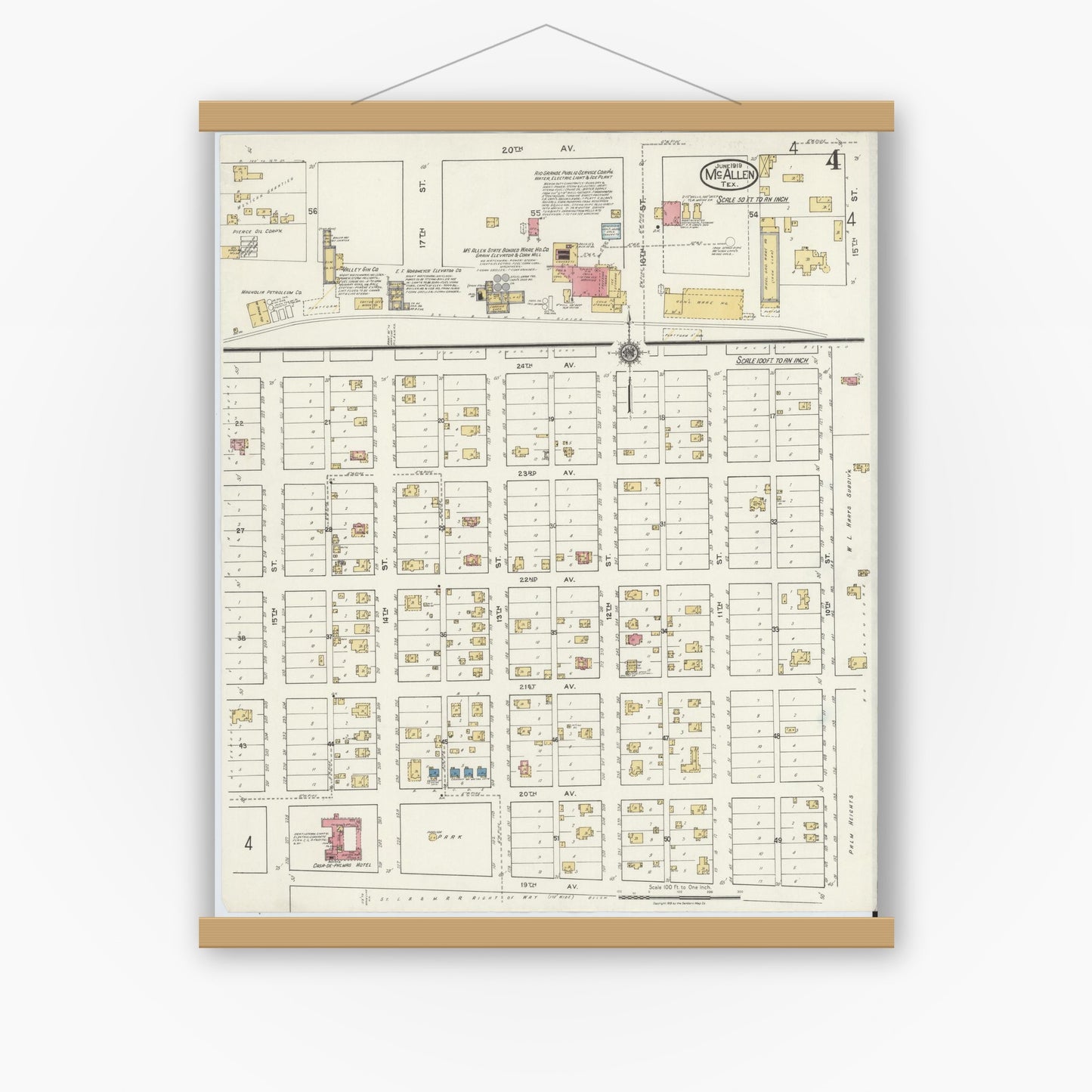 Old map wall art mockup — magnetic wood frame on white wall — Sanborn Fire Insurance Map from McAllen, Hidalgo County, Texas (1919), Sheet #0004