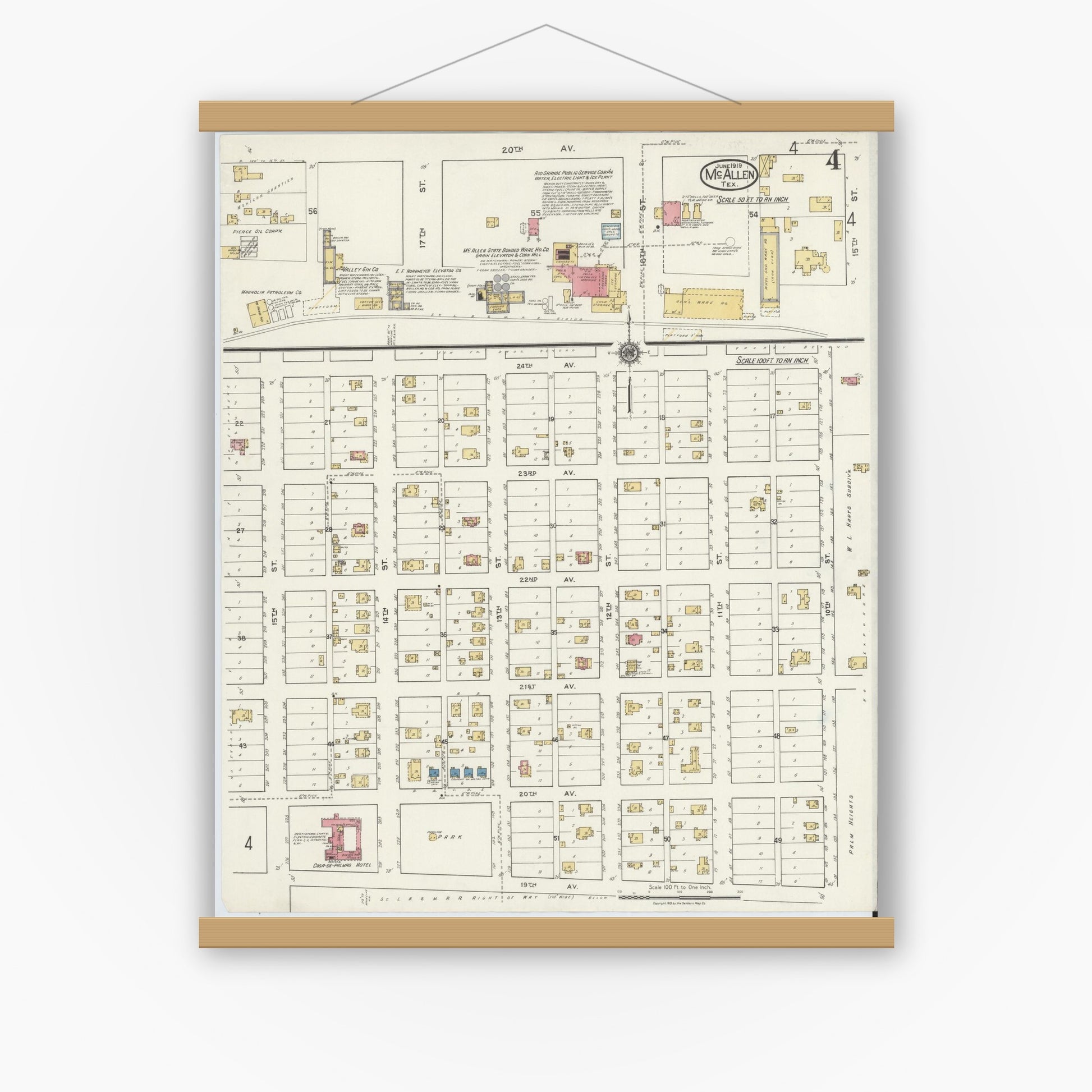 Old map wall art mockup — magnetic wood frame on white wall — Sanborn Fire Insurance Map from McAllen, Hidalgo County, Texas (1919), Sheet #0004