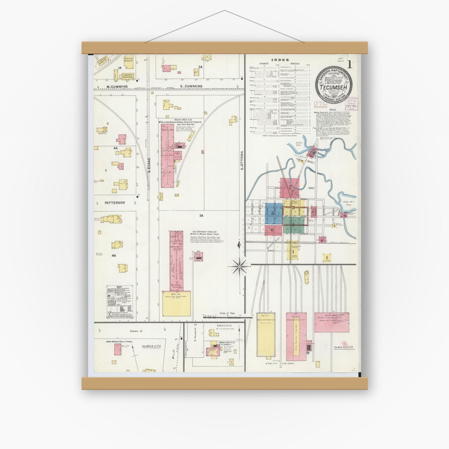 Old map wall art mockup — magnetic wood frame on white wall — Sanborn Fire Insurance Map from Tecumseh, Lenawee County, Michigan (1907) - Complete Map Set