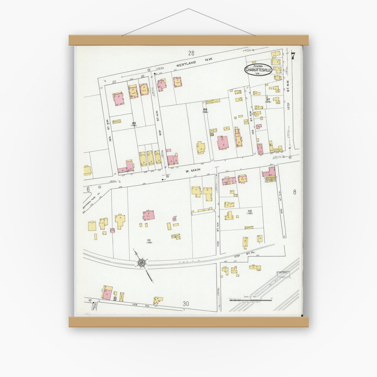 Old map wall art mockup — magnetic wood frame on white wall — Sanborn Fire Insurance Map from Charlottesville, Independent Cities, Virginia (1920), Sheet #0007