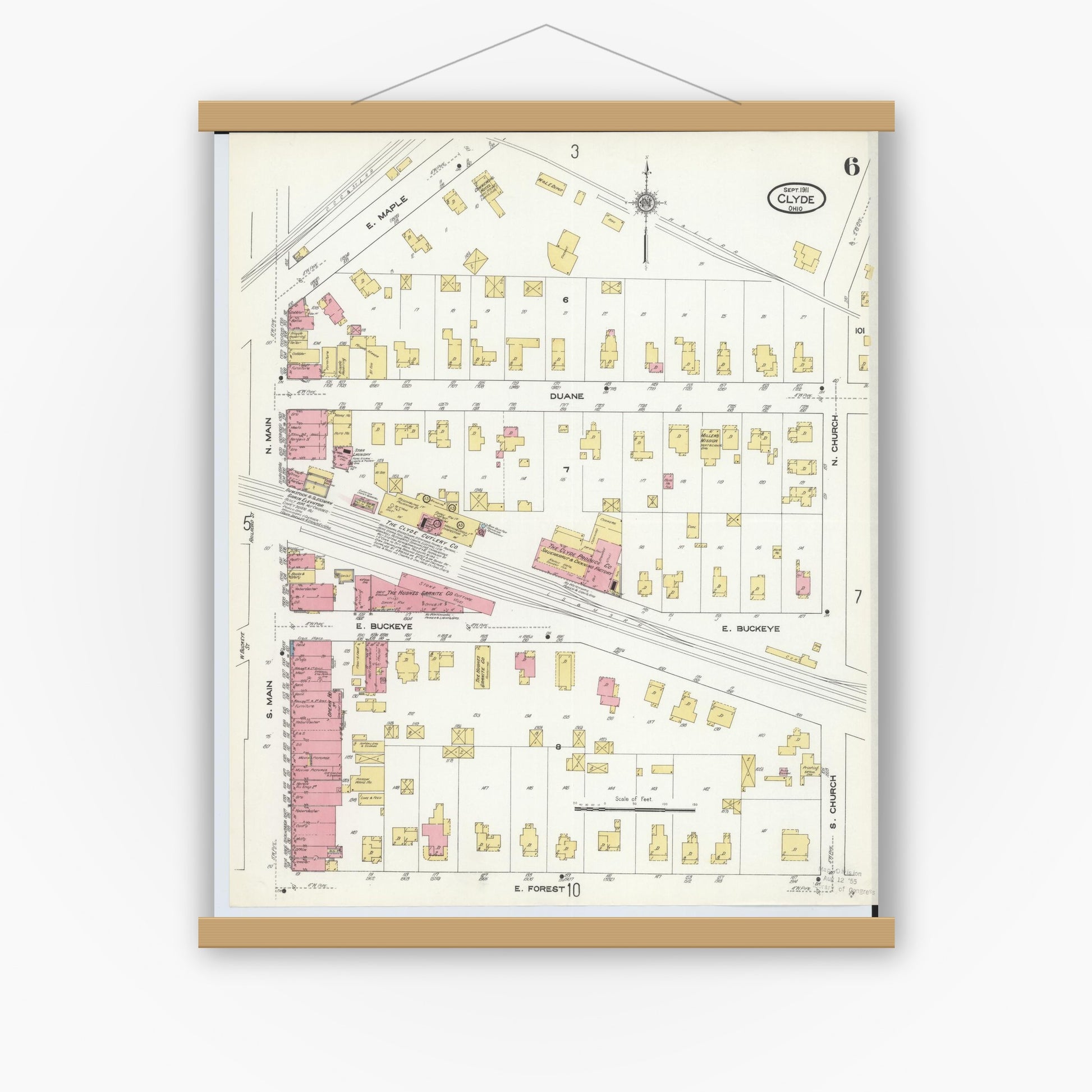 Old map wall art mockup — magnetic wood frame on white wall — Sanborn Fire Insurance Map from Clyde, Sandusky County, Ohio (1911), Sheet #0006