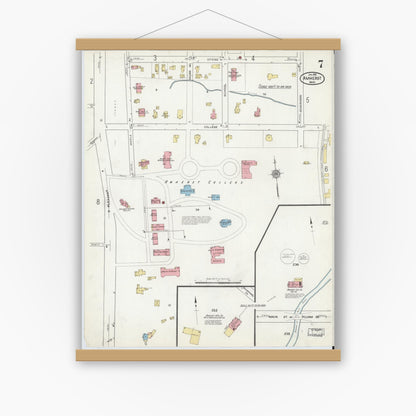 Old map wall art mockup — magnetic wood frame on white wall — Sanborn Fire Insurance Map from Amherst, Hampshire County, Massachusetts (1916), Sheet #0007