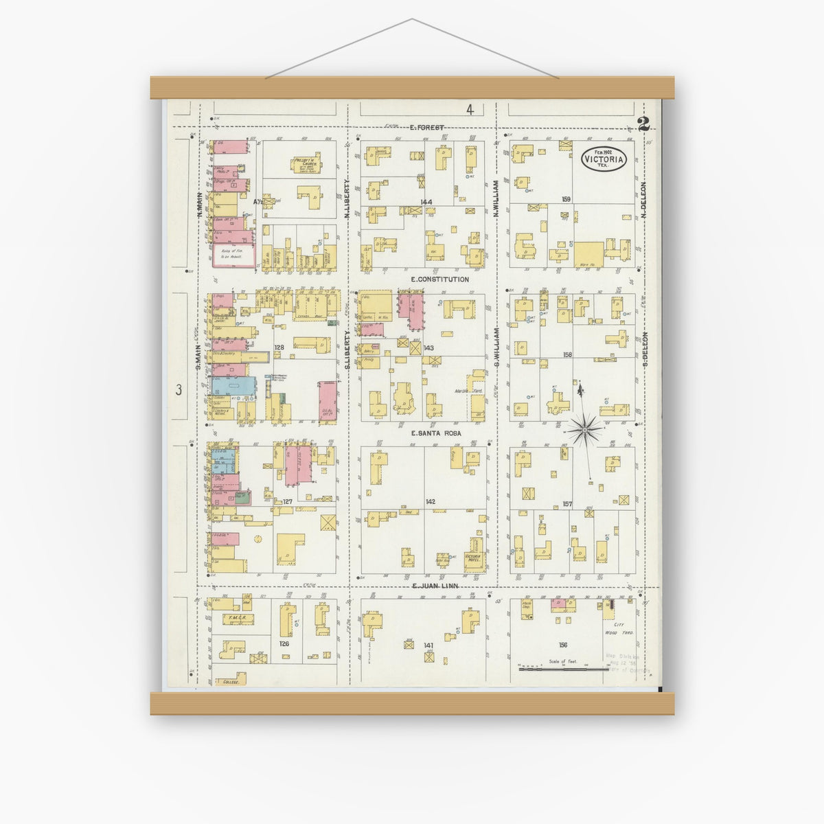 Old map wall art mockup — magnetic wood frame on white wall — Sanborn Fire Insurance Map from Victoria, Victoria County, Texas (1902), Sheet #0002
