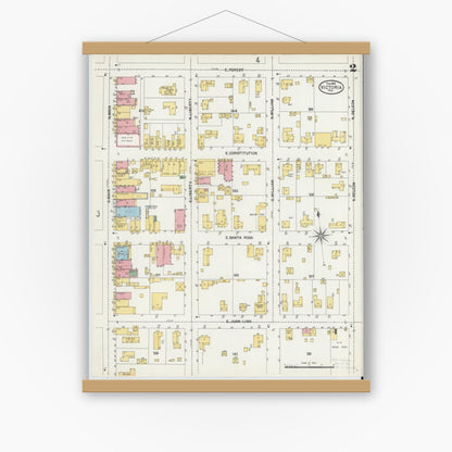 Old map wall art mockup — magnetic wood frame on white wall — Sanborn Fire Insurance Map from Victoria, Victoria County, Texas (1902), Sheet #0002