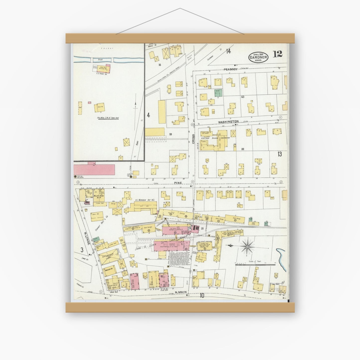 Old map wall art mockup — magnetic wood frame on white wall — Sanborn Fire Insurance Map from Gardner, Worcester County, Massachusetts (1905), Sheet #0012