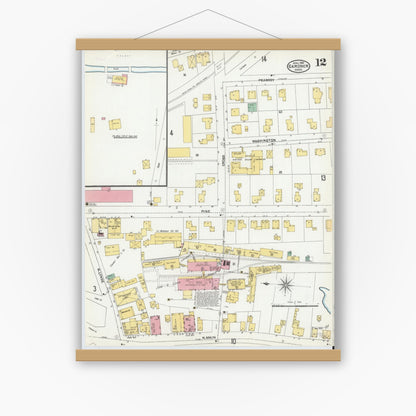 Old map wall art mockup — magnetic wood frame on white wall — Sanborn Fire Insurance Map from Gardner, Worcester County, Massachusetts (1905), Sheet #0012