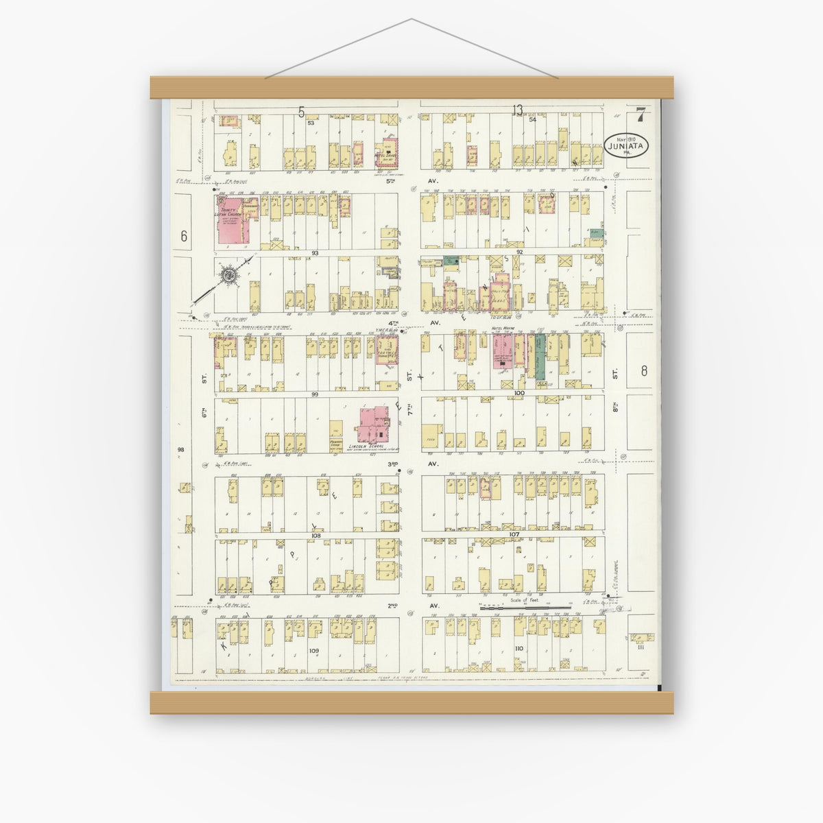 Old map wall art mockup — magnetic wood frame on white wall — Sanborn Fire Insurance Map from Juniata, Blair County, Pennsylvania (1910), Sheet #0007