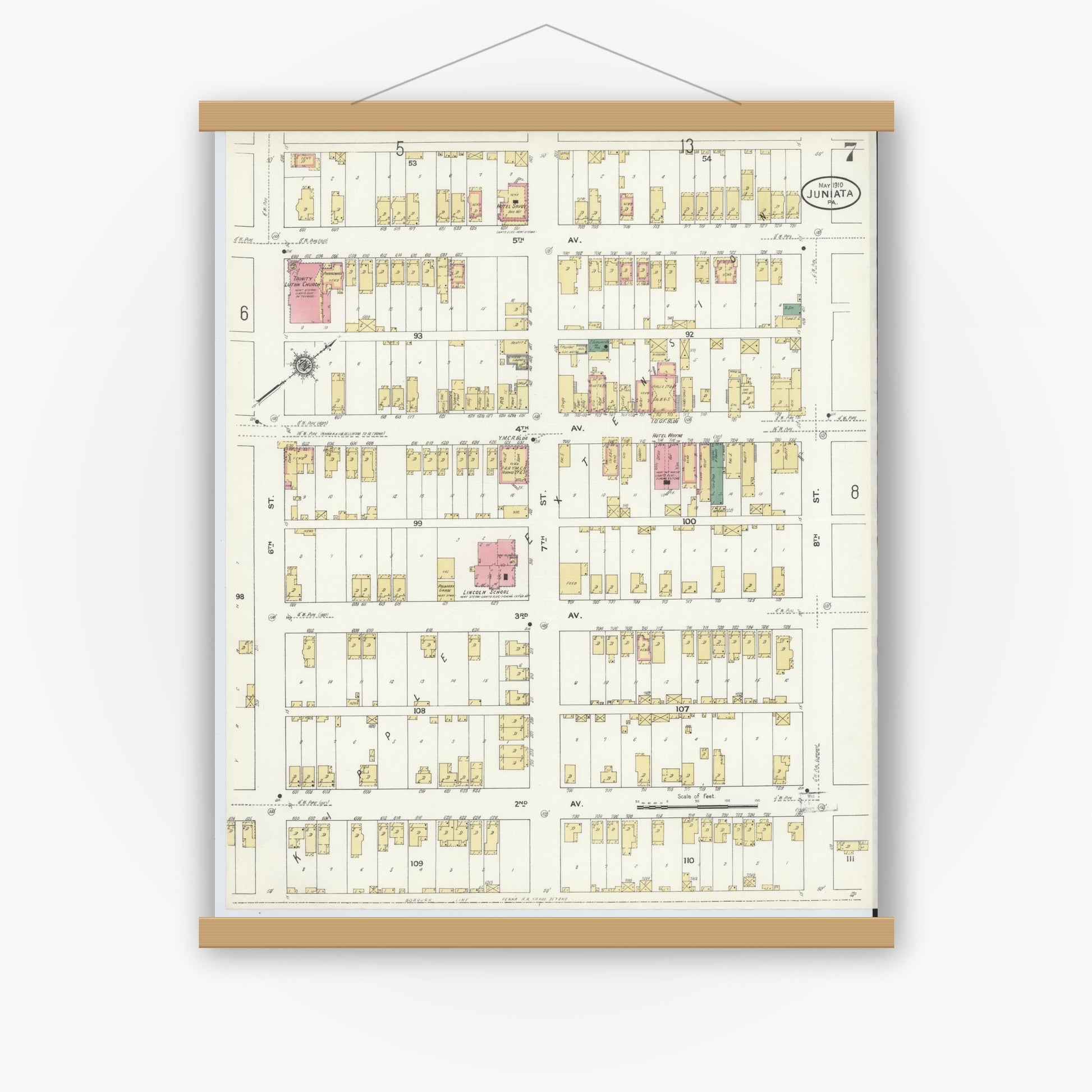 Old map wall art mockup — magnetic wood frame on white wall — Sanborn Fire Insurance Map from Juniata, Blair County, Pennsylvania (1910), Sheet #0007