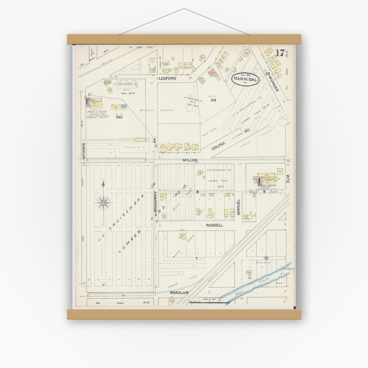 Old map wall art mockup — magnetic wood frame on white wall — Sanborn Fire Insurance Map from Hannibal, Marion County, Missouri (1890), Sheet #0017