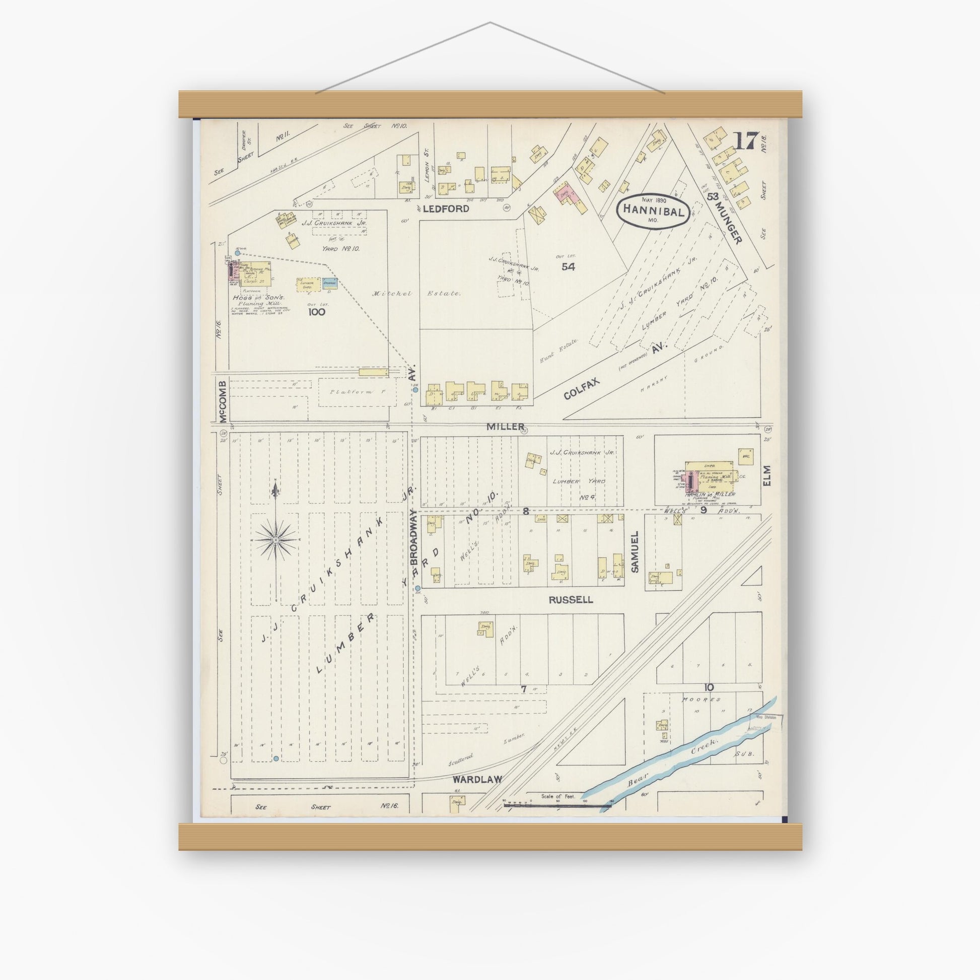 Old map wall art mockup — magnetic wood frame on white wall — Sanborn Fire Insurance Map from Hannibal, Marion County, Missouri (1890), Sheet #0017