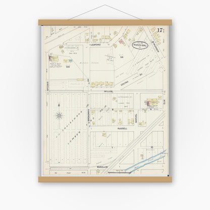 Old map wall art mockup — magnetic wood frame on white wall — Sanborn Fire Insurance Map from Hannibal, Marion County, Missouri (1890), Sheet #0017