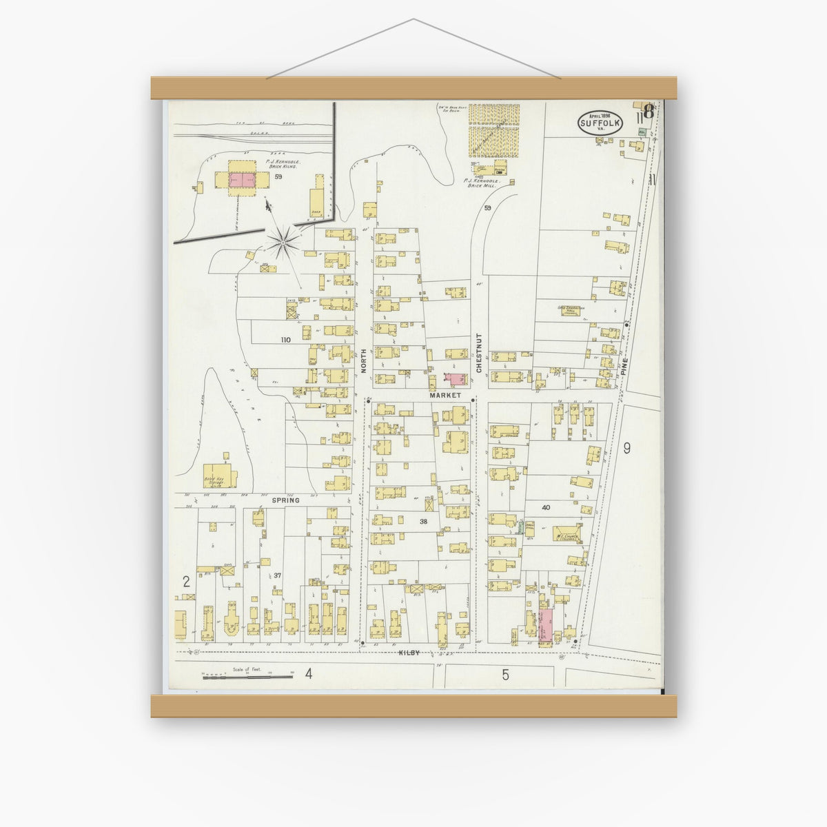 Old map wall art mockup — magnetic wood frame on white wall — Sanborn Fire Insurance Map from Suffolk, Independent Cities, Virginia (1898), Sheet #0008