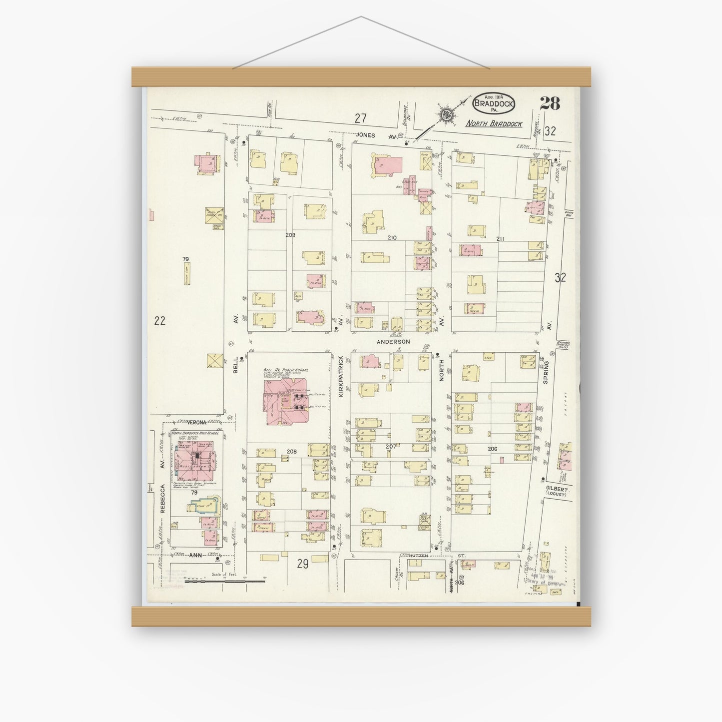Old map wall art mockup — magnetic wood frame on white wall — Sanborn Fire Insurance Map from Braddock, Allegheny County, Pennsylvania (1914), Sheet #0028