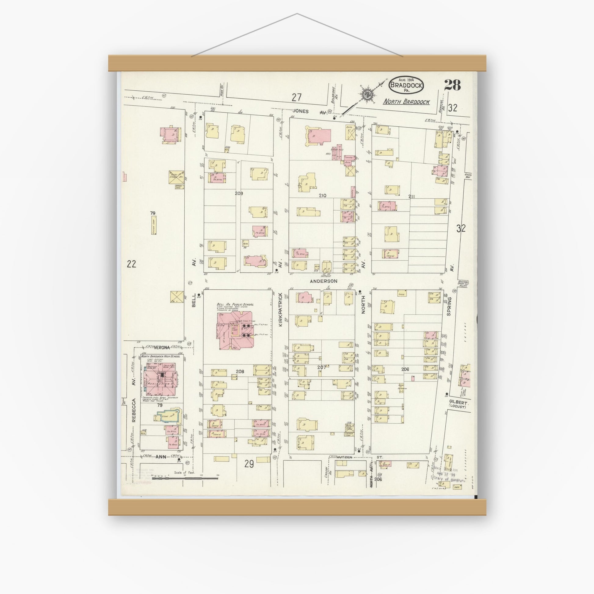 Old map wall art mockup — magnetic wood frame on white wall — Sanborn Fire Insurance Map from Braddock, Allegheny County, Pennsylvania (1914), Sheet #0028