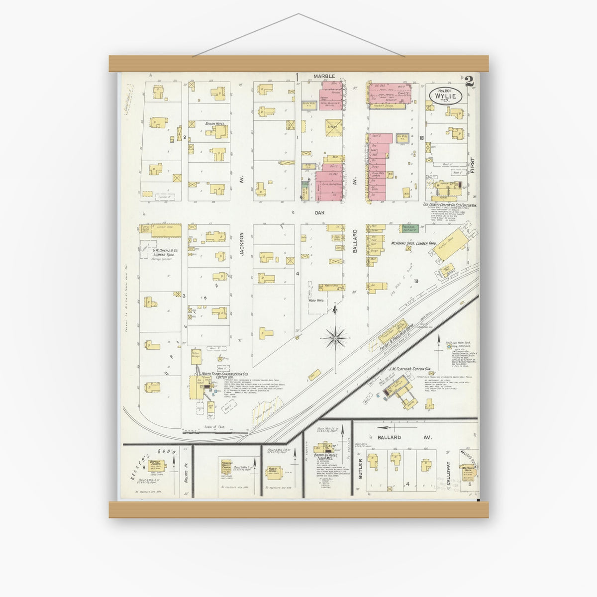 Old map wall art mockup — magnetic wood frame on white wall — Sanborn Fire Insurance Map from Wolfe City, Hunt County, Texas (1901), Sheet #0002