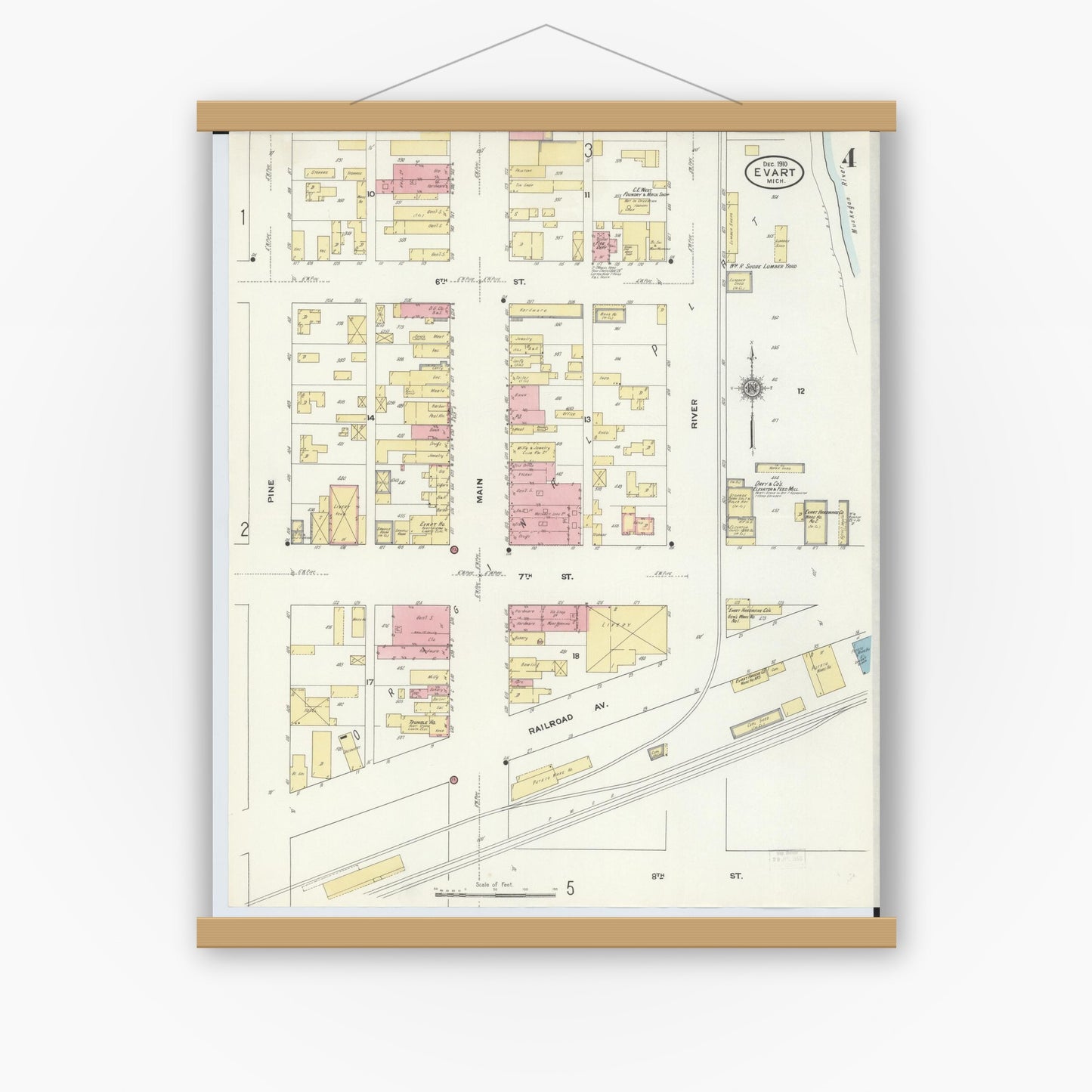 Old map wall art mockup — magnetic wood frame on white wall — Sanborn Fire Insurance Map from Evart, Osceola County, Michigan (1910), Sheet #0004