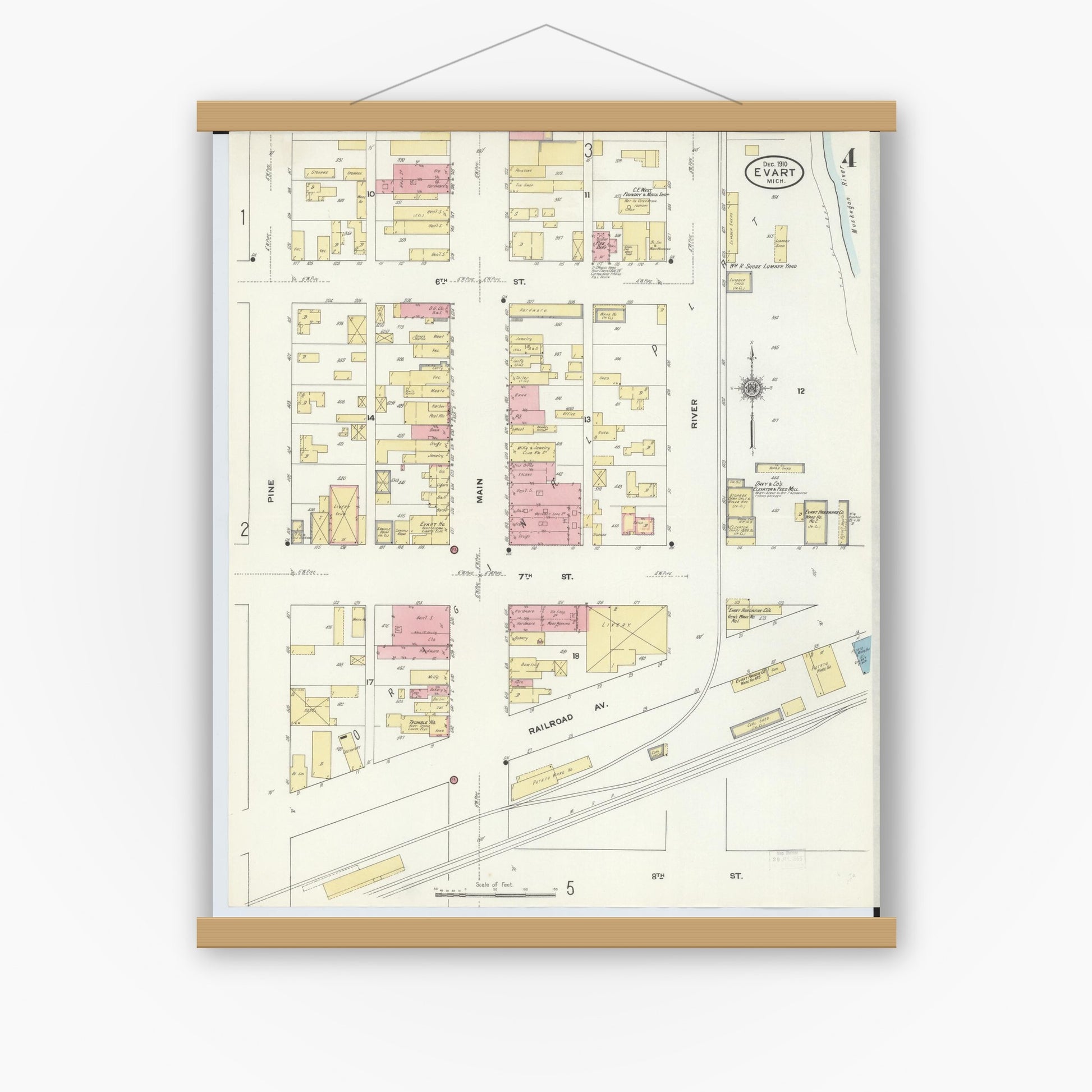 Old map wall art mockup — magnetic wood frame on white wall — Sanborn Fire Insurance Map from Evart, Osceola County, Michigan (1910), Sheet #0004