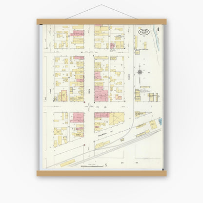 Old map wall art mockup — magnetic wood frame on white wall — Sanborn Fire Insurance Map from Evart, Osceola County, Michigan (1910), Sheet #0004