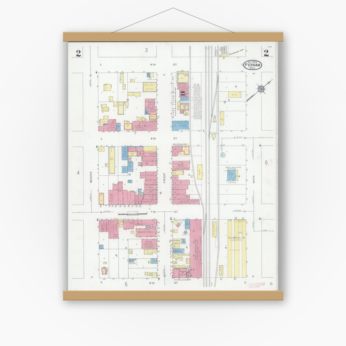 Old map wall art mockup — magnetic wood frame on white wall — Sanborn Fire Insurance Map from Perham, Otter Tail County, Minnesota (1929), Sheet #0002