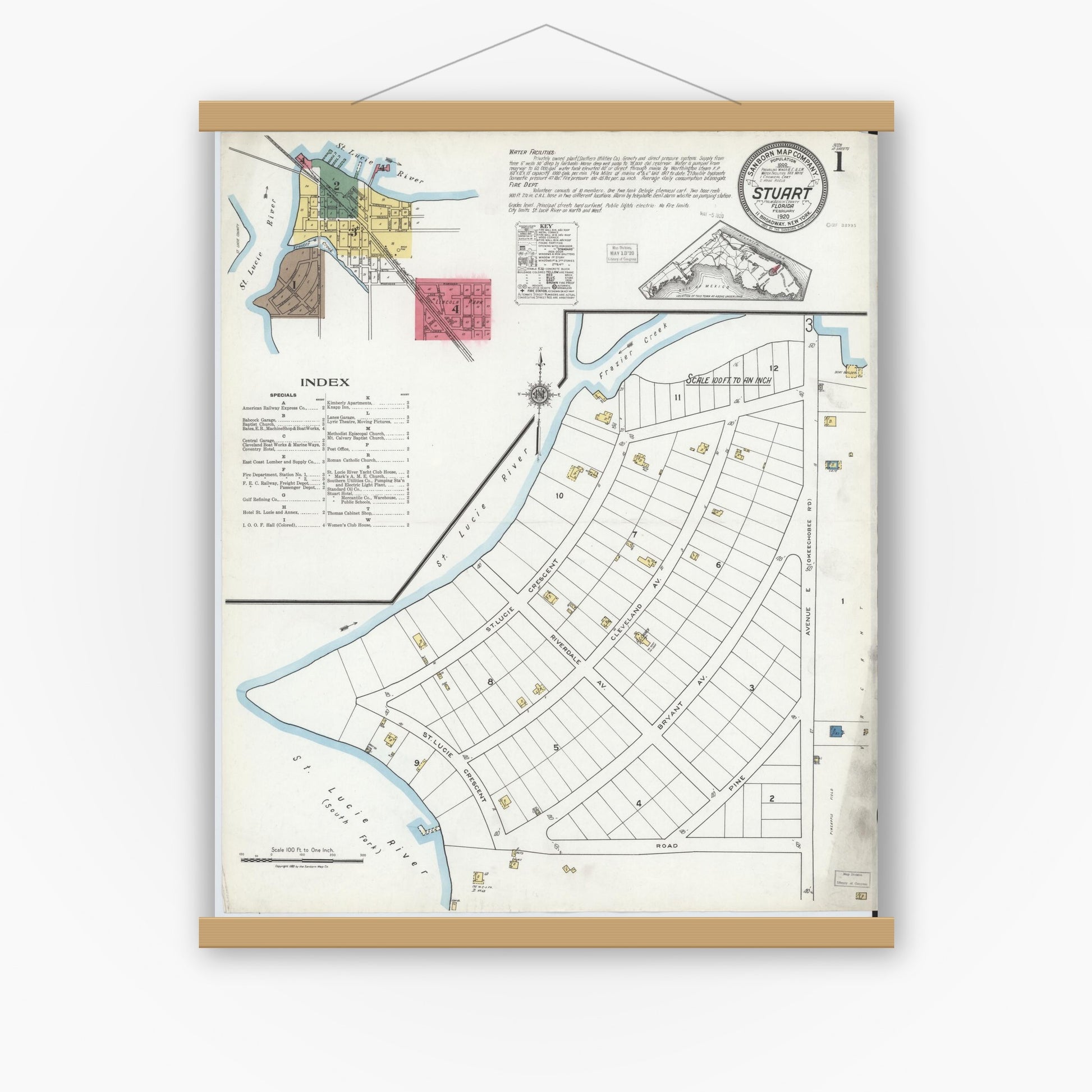Old map wall art mockup — magnetic wood frame on white wall — Sanborn Fire Insurance Map from Stuart, Martin County, Florida (1920) - Complete Map Set