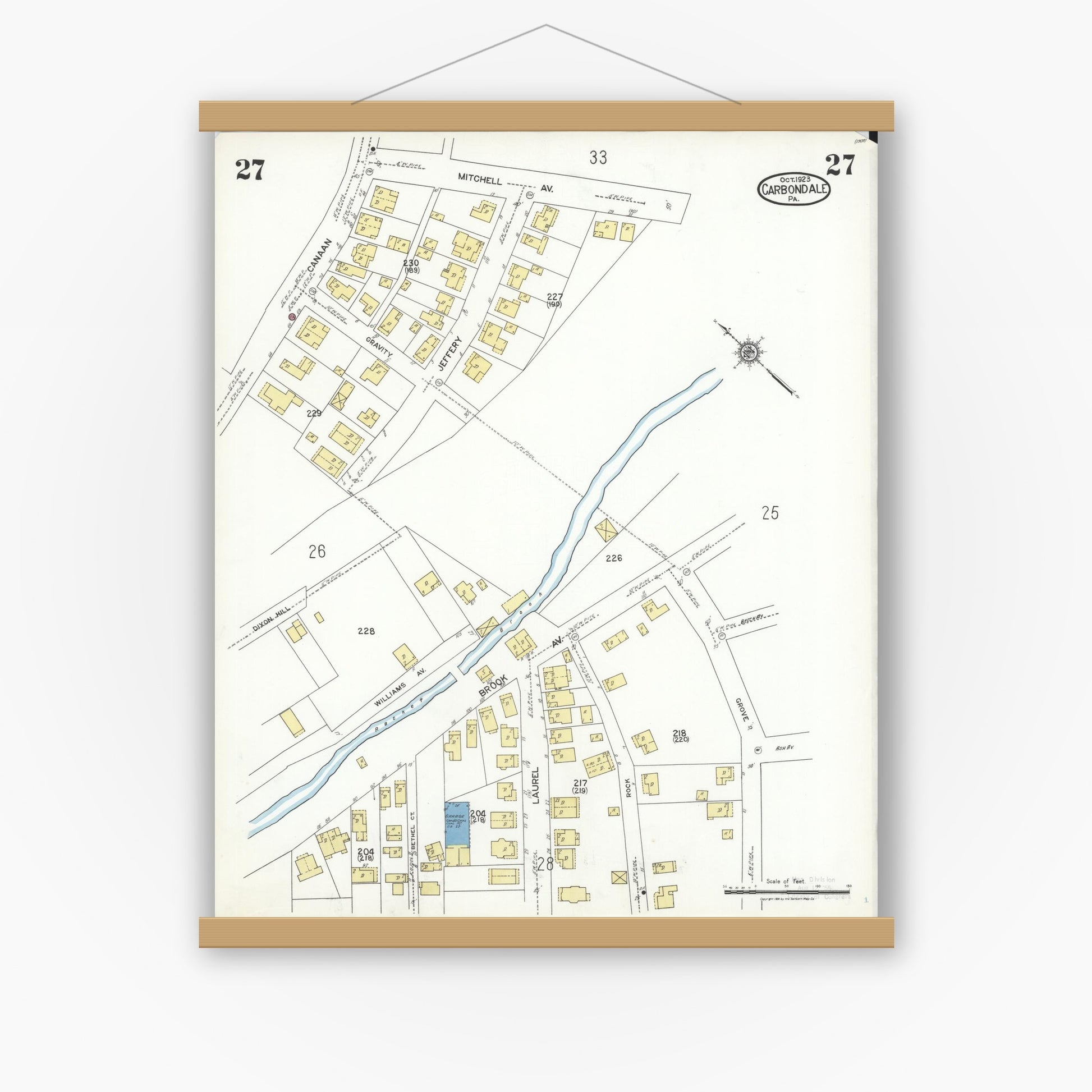 Old map wall art mockup — magnetic wood frame on white wall — Sanborn Fire Insurance Map from Carbondale, Lackawanna County, Pennsylvania (1923), Sheet #0027