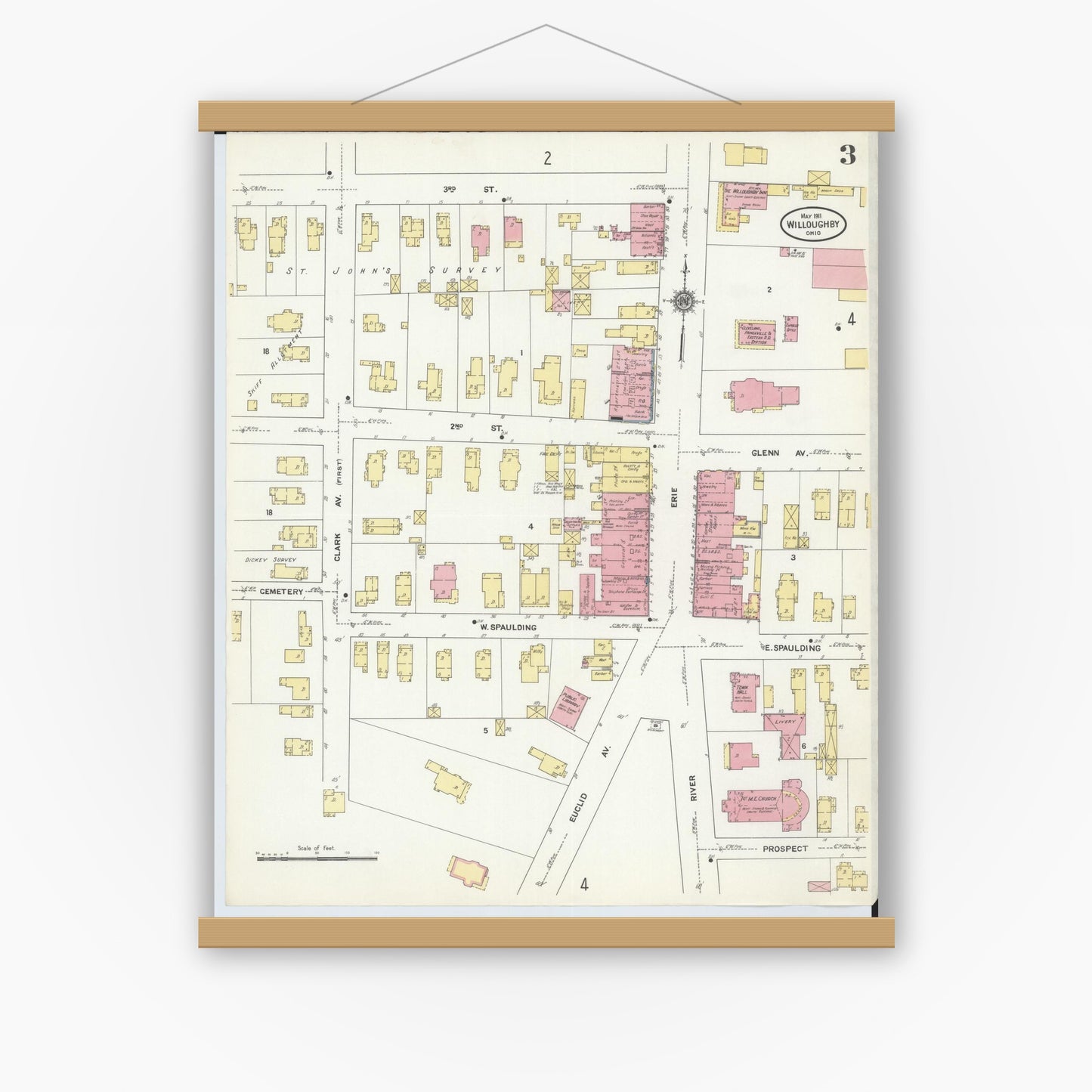 Old map wall art mockup — magnetic wood frame on white wall — Sanborn Fire Insurance Map from Willoughby, Lake County, Ohio (1911), Sheet #0003