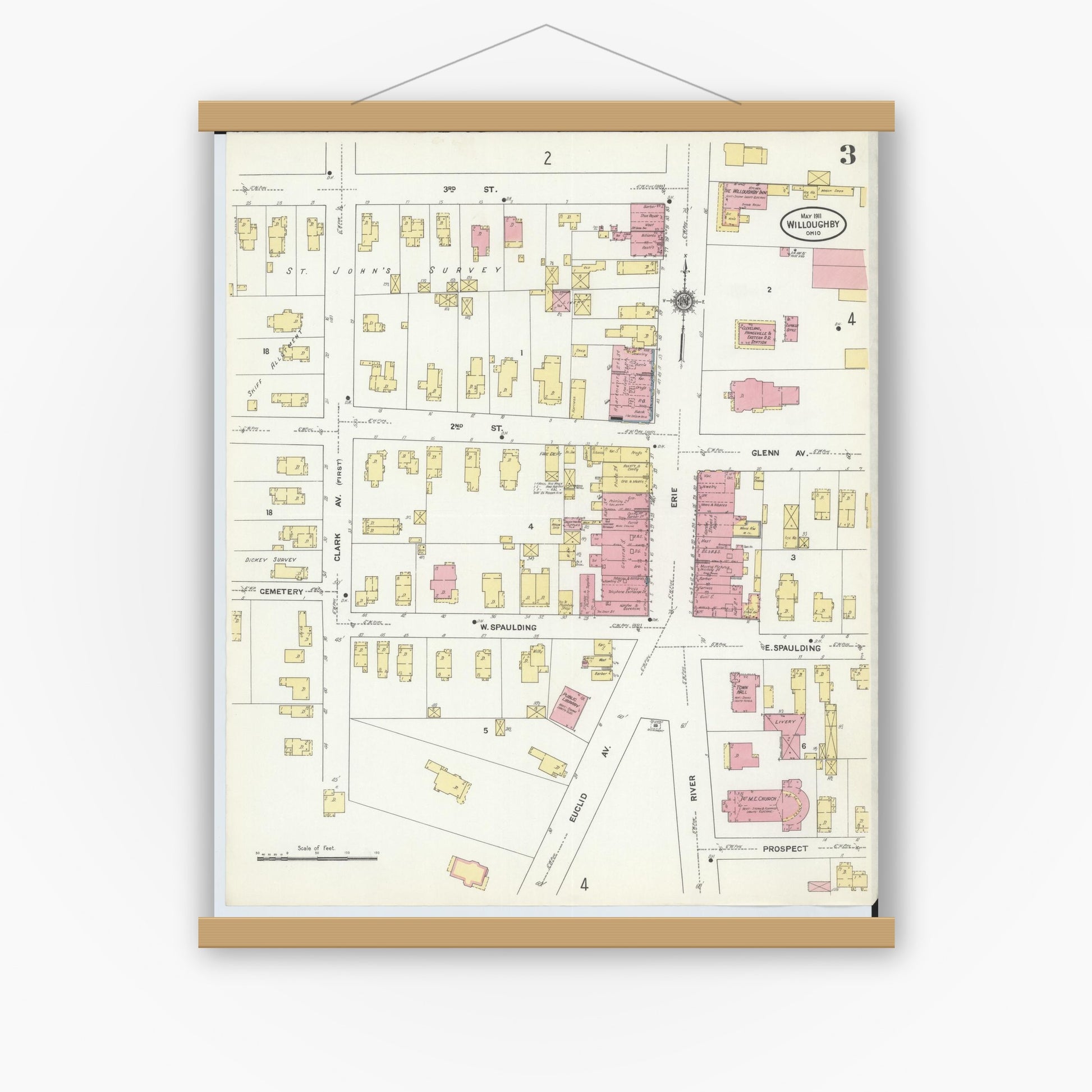 Old map wall art mockup — magnetic wood frame on white wall — Sanborn Fire Insurance Map from Willoughby, Lake County, Ohio (1911), Sheet #0003