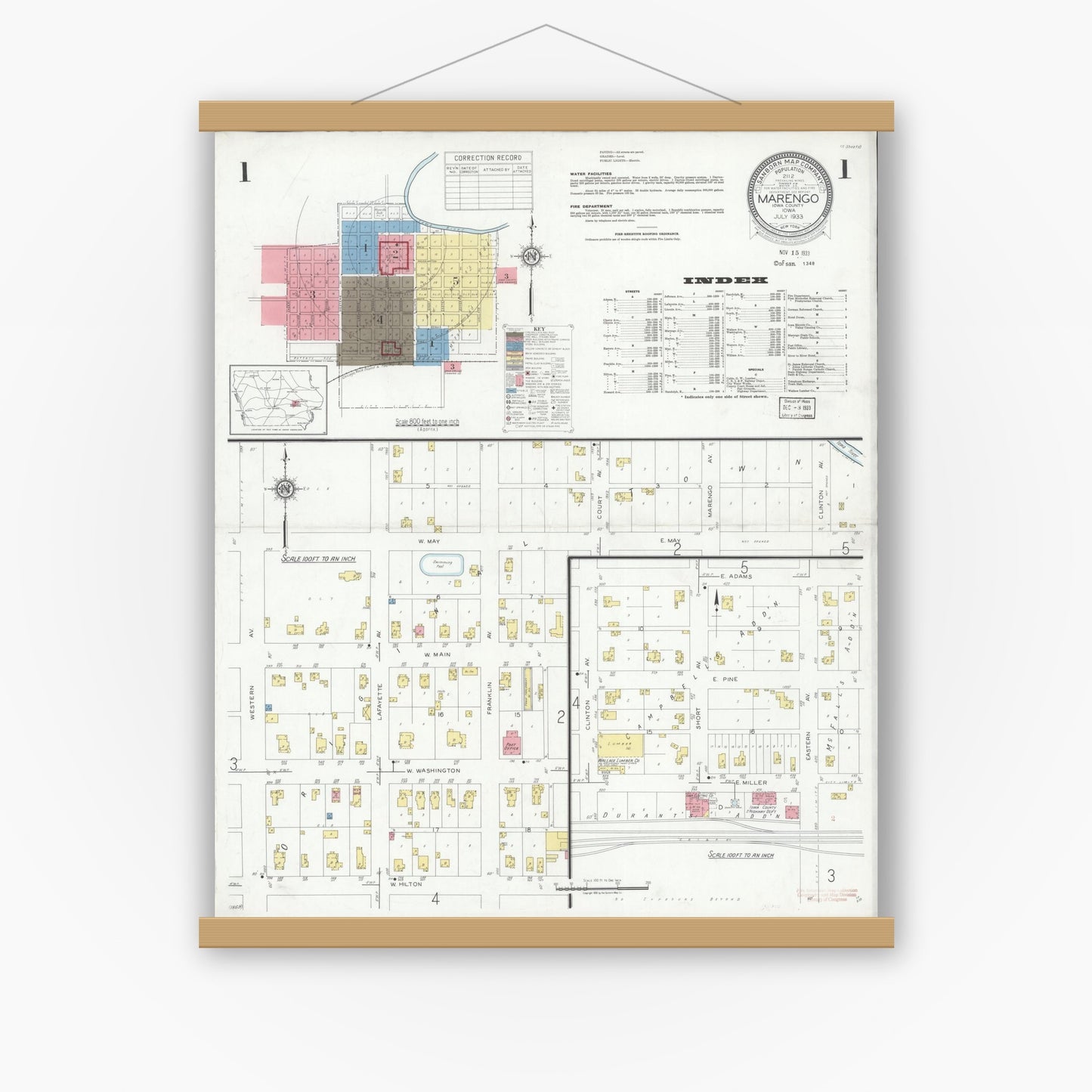 Old map wall art mockup — magnetic wood frame on white wall — Sanborn Fire Insurance Map from Marengo, Iowa County, Iowa (1933) â€” Complete Set
