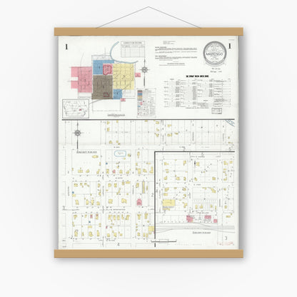 Old map wall art mockup — magnetic wood frame on white wall — Sanborn Fire Insurance Map from Marengo, Iowa County, Iowa (1933) â€” Complete Set