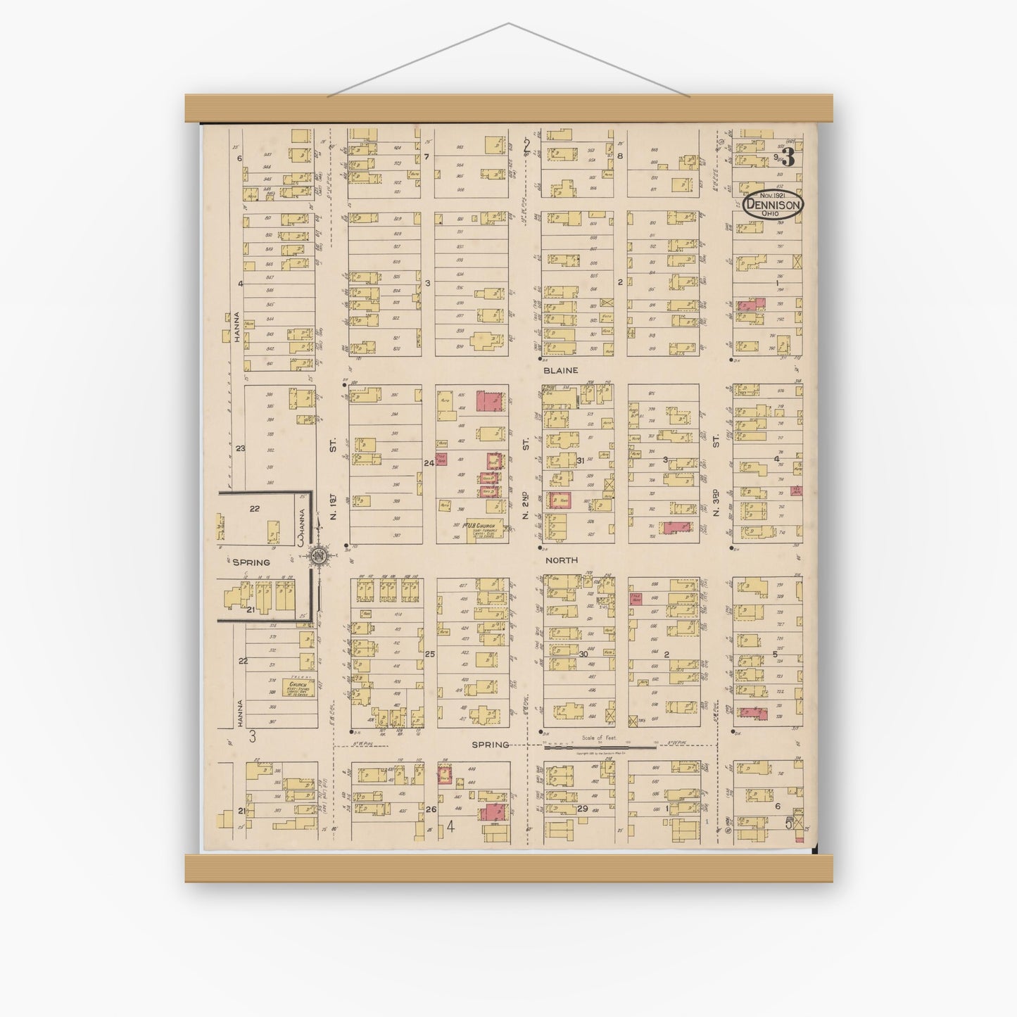 Old map wall art mockup — magnetic wood frame on white wall — Sanborn Fire Insurance Map from Dennison, Tuscarawas County, Ohio (1921), Sheet #0003